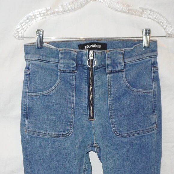 Express Bell Slim Flare High Rise Silver Ring Zip Denim Stretch Jeans 8R Retro - Picture 2 of 9